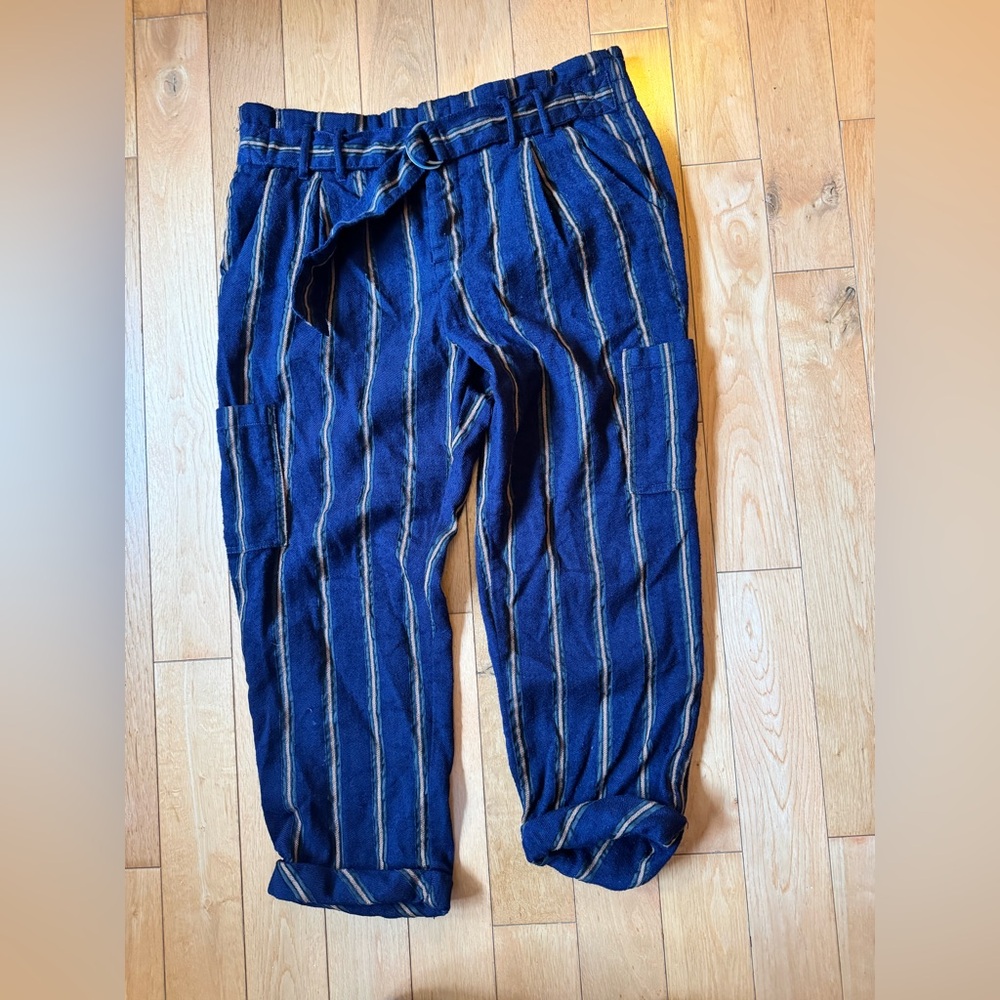 Free People Women’s Size 12 Blue Striped Elastic Waist Button Fly Cargo Pants